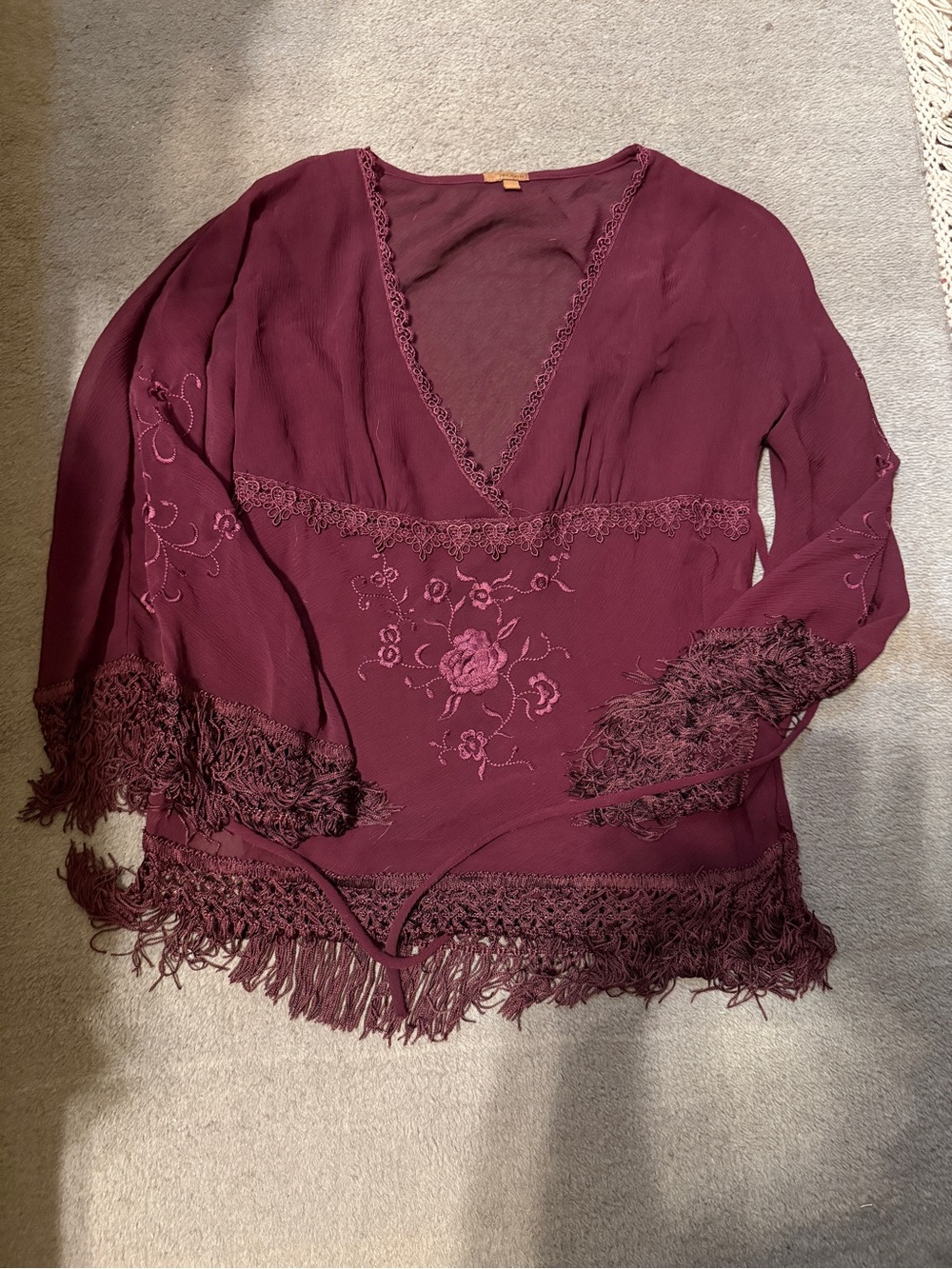 Arden B Plum Embroidered Fringe Boho Tunic Top Size M